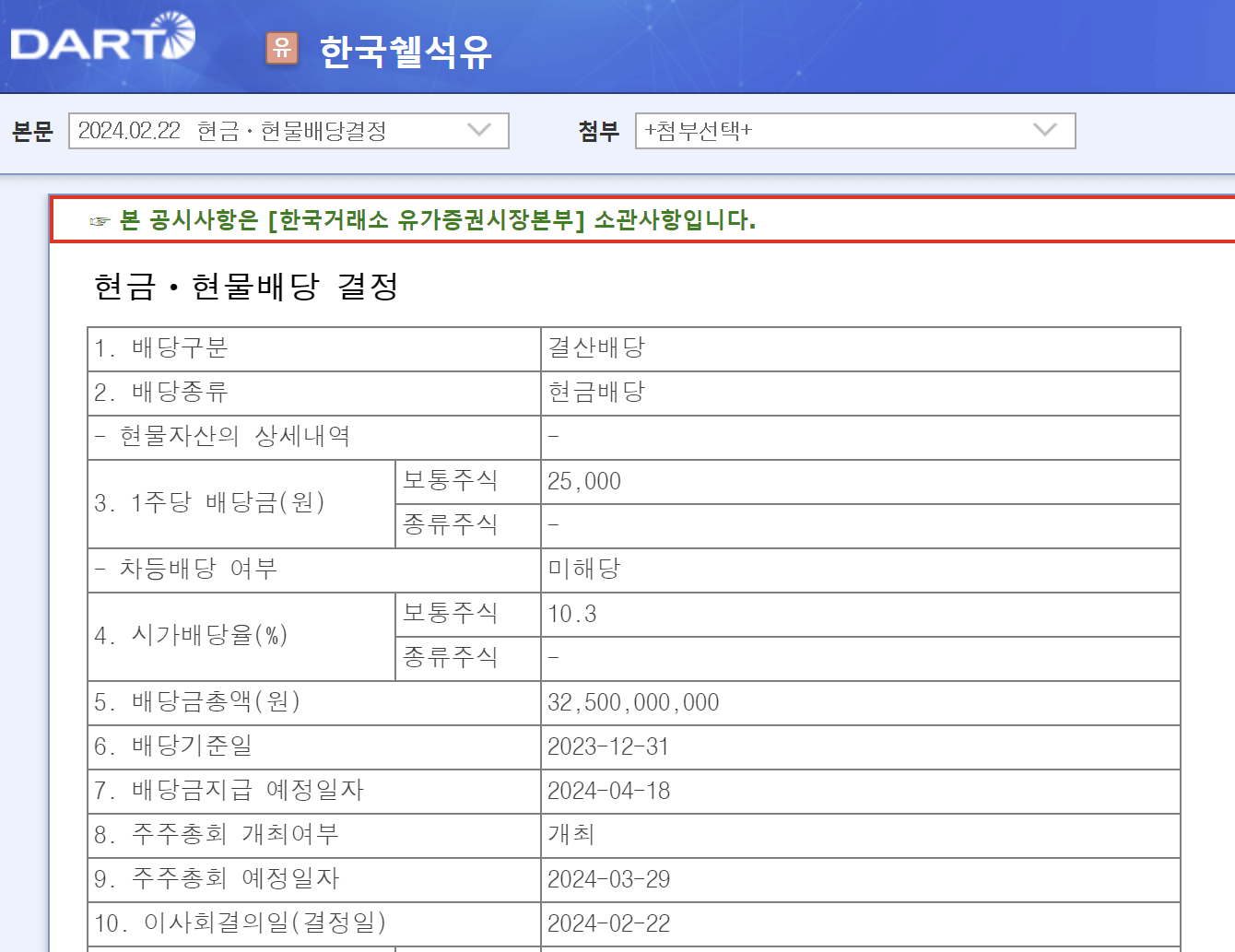 한국쉘석유 현금 현물 배당결정