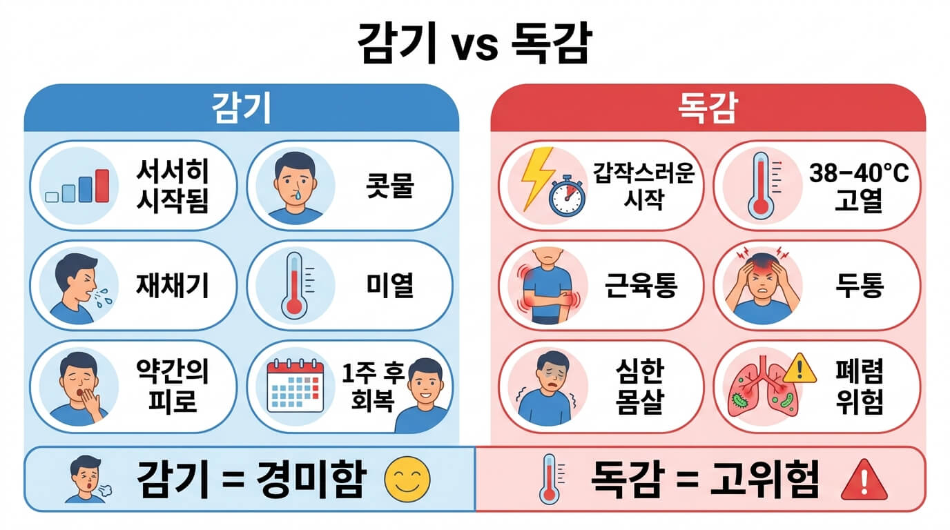 감기와 독감의 증상과 차이점을 실제 인물 사진과 비교 그래프로 설명하는 건강 인포그래픽
