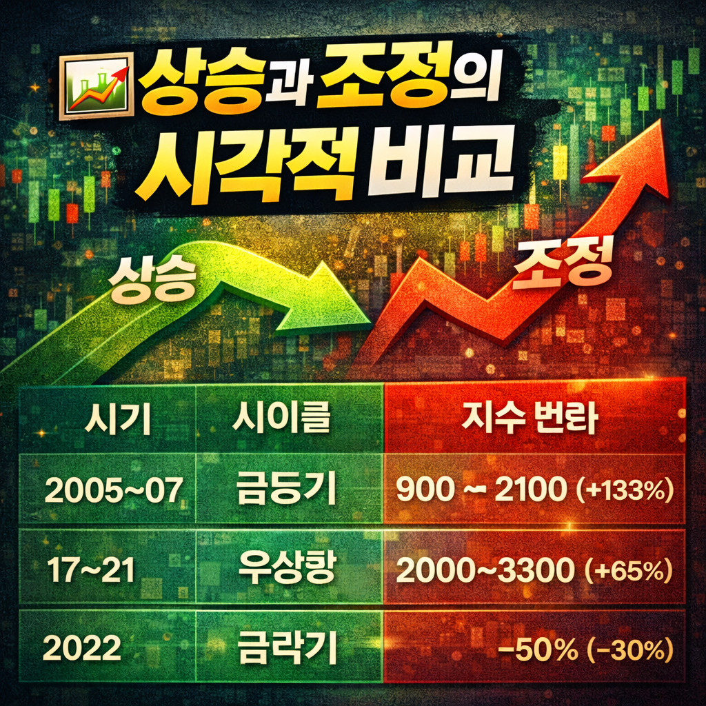 상승과 조정의 시각적 비교