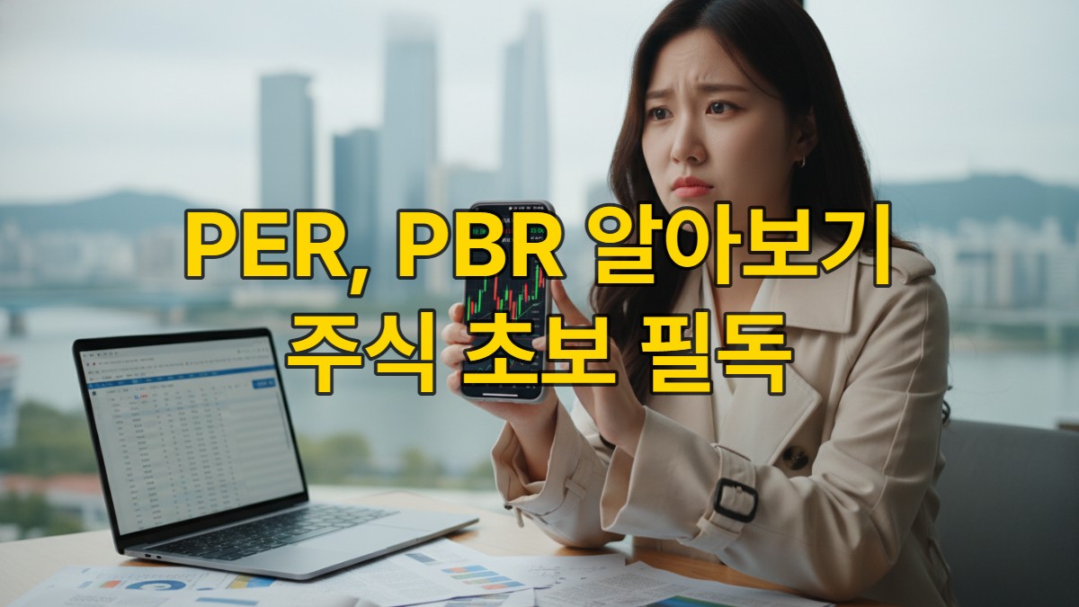2026년 한국의 한 초보 투자자가 스마트폰으로 PER, PBR 등 주식 지표를 보며 투자 함정에 대해 고민하는 모습
