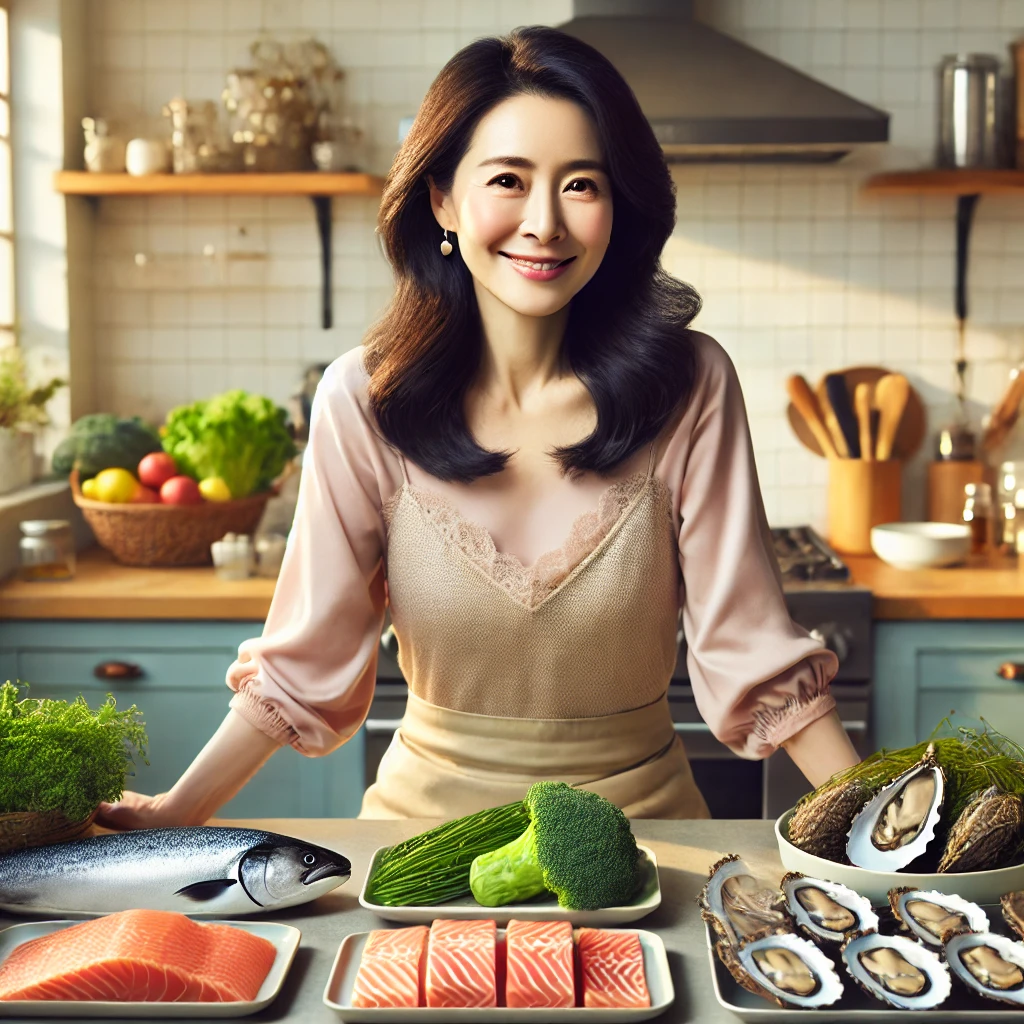 건강하고 아름다운 중년여성과 해산물 사진
