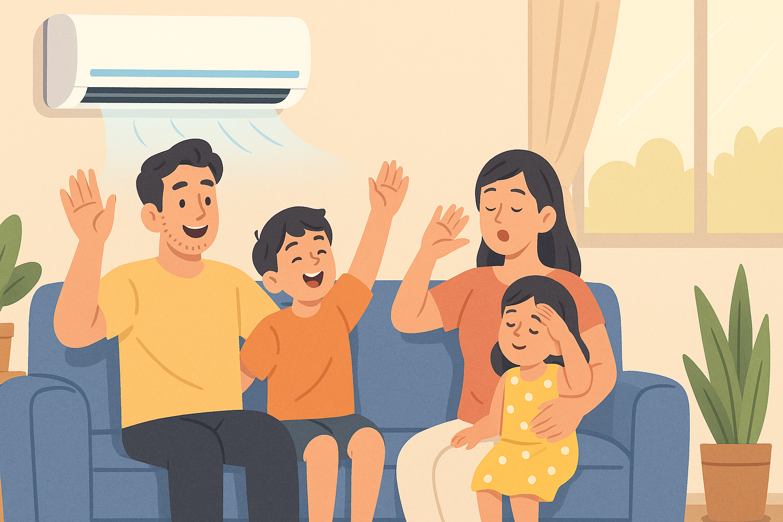 여름철 거실에서 에어컨 바람을 쐬며 시원하게 보내는 가족의 모습