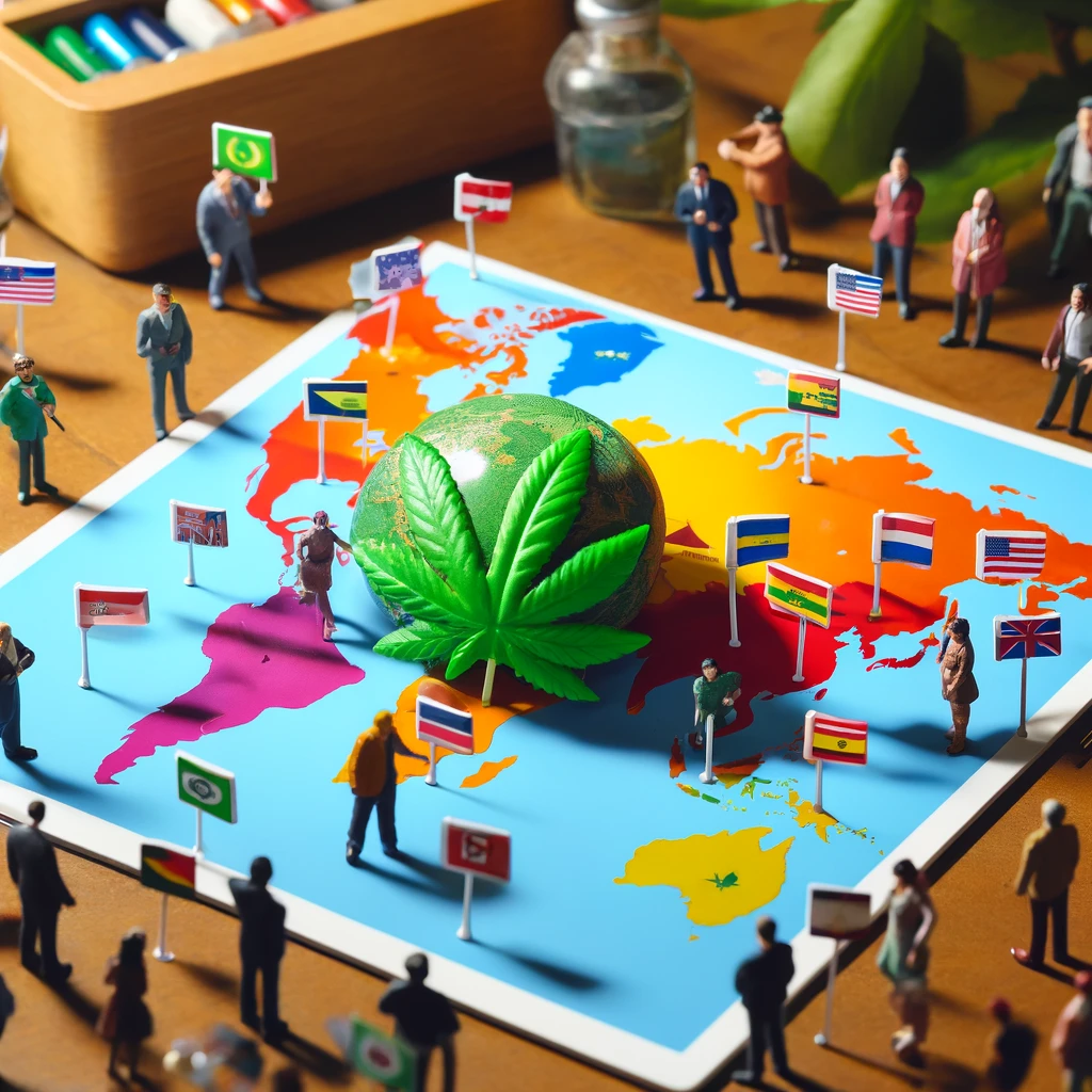 Here&#39;s a 2D miniature-style image that simplifies the concept of global cannabis legalization