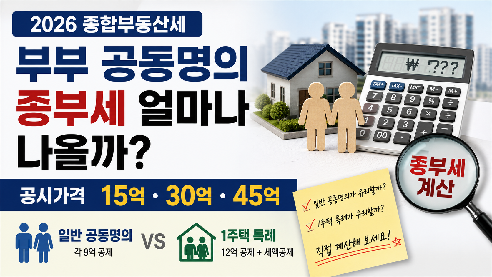 2026 부부 공동명의 종부세 공시가격 15억 30억 45억 일반 공동명의와 1주택 특례 실제 계산 비교
