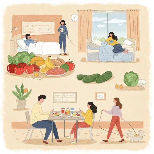 면역력 회복을 위한 건강한 식사와 휴식, 운동을 하는 사람들의 모습