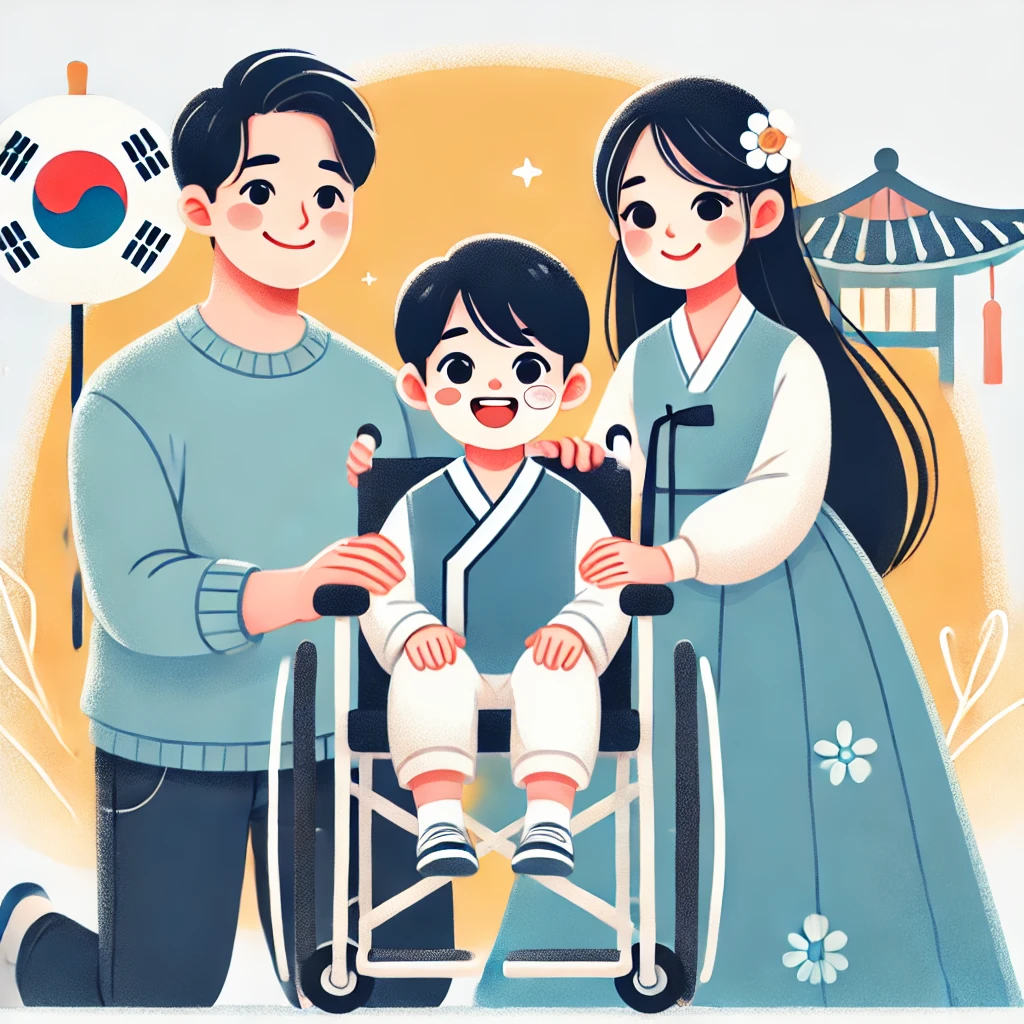 &quot;밝고 따뜻한 분위기의 한국 가족 일러스트. 부모가 사랑스럽게 장애를 가진 아이를 안고 있으며, 아이는 휠체어를 타고 환하게 웃고 있다. 배경에는 희망적인 분위기를 연출하는 부드러운 색감과 한국적인 요소가 은은하게 표현되어 있다.&quot;