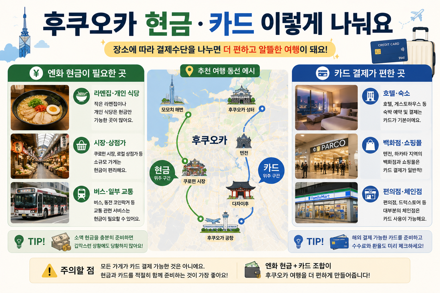 후쿠오카 2박3일 여행경비를 엔화 현금과 카드 결제로 나누는 이미지