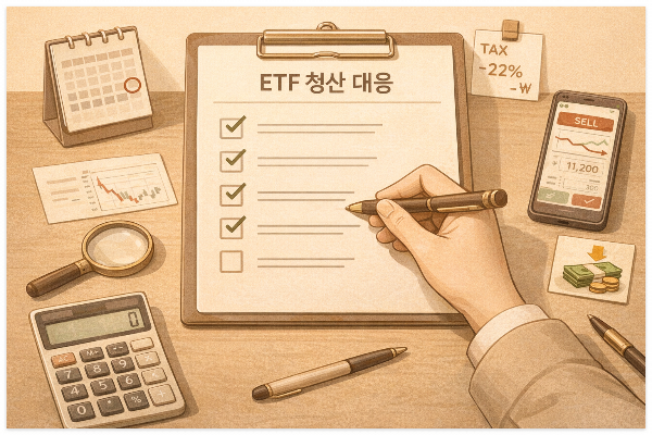 ETF 청산 공지 대응 체크리스트를 점검하는 투자자 일러스트