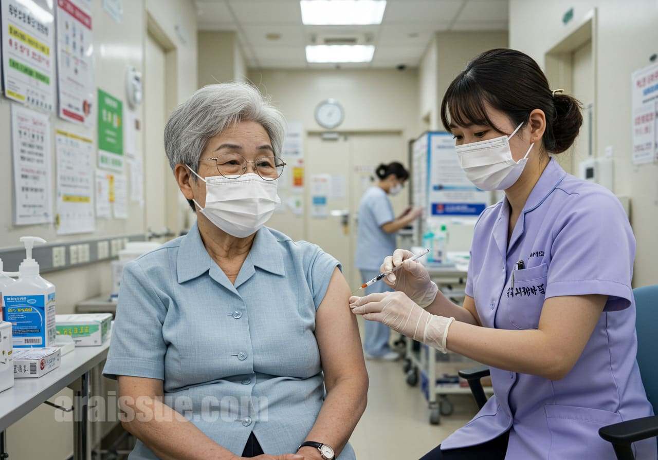 한국의 고령자가 현대적인 병원 환경에서 폐렴 예방접종을 받는 모습. 의료진이 침착하게 주사를 진행하는 장면.