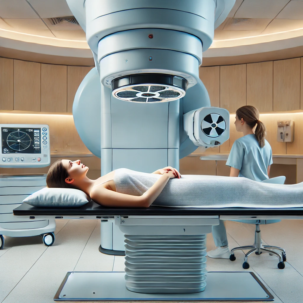 실제 방사선 치료를 받는 환자의 모습과 치료 장비.