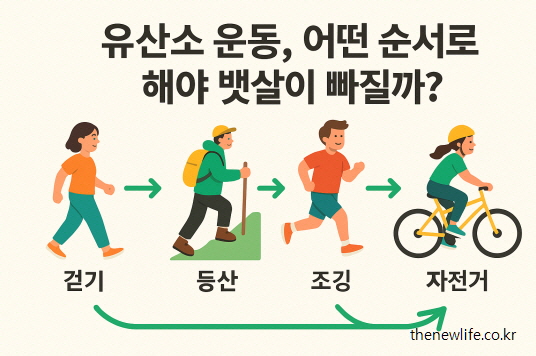 &quot;걷기, 등산, 조깅, 자전거 순으로 구성된 유산소 운동 순서 인포그래픽 – 뱃살을 효과적으로 빼는 방법을 시각적으로 안내하는 일러스트&quot;