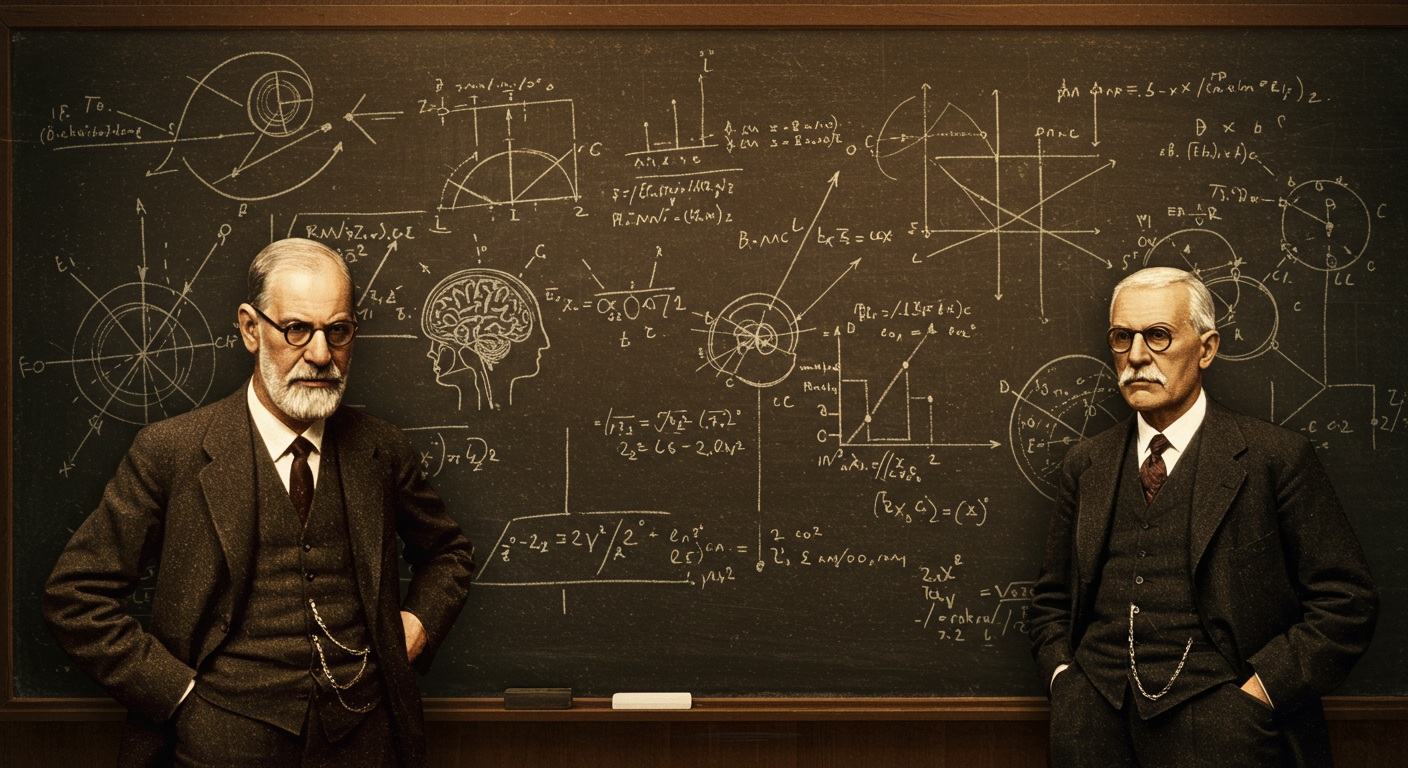 심리학의 기본 이론을 설명하는 프로이트와 파블로프 이미지 – 무의식과 조건반사 개념을 보여줍니다.