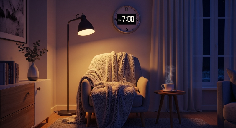 따뜻한 조명이 켜진 아늑한 겨울 저녁 거실, 시계는 7시를 가리키고 김이 모락모락 나는 차 한 잔과 편안한 담요가 놓여 있는 모습