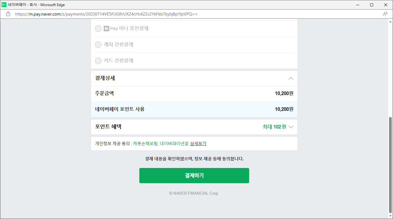 해외 여행자 보험 결제화면