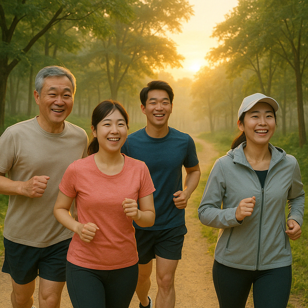 푸르른 공원에서 해 뜨는 아침에 함께 조깅하는 모습