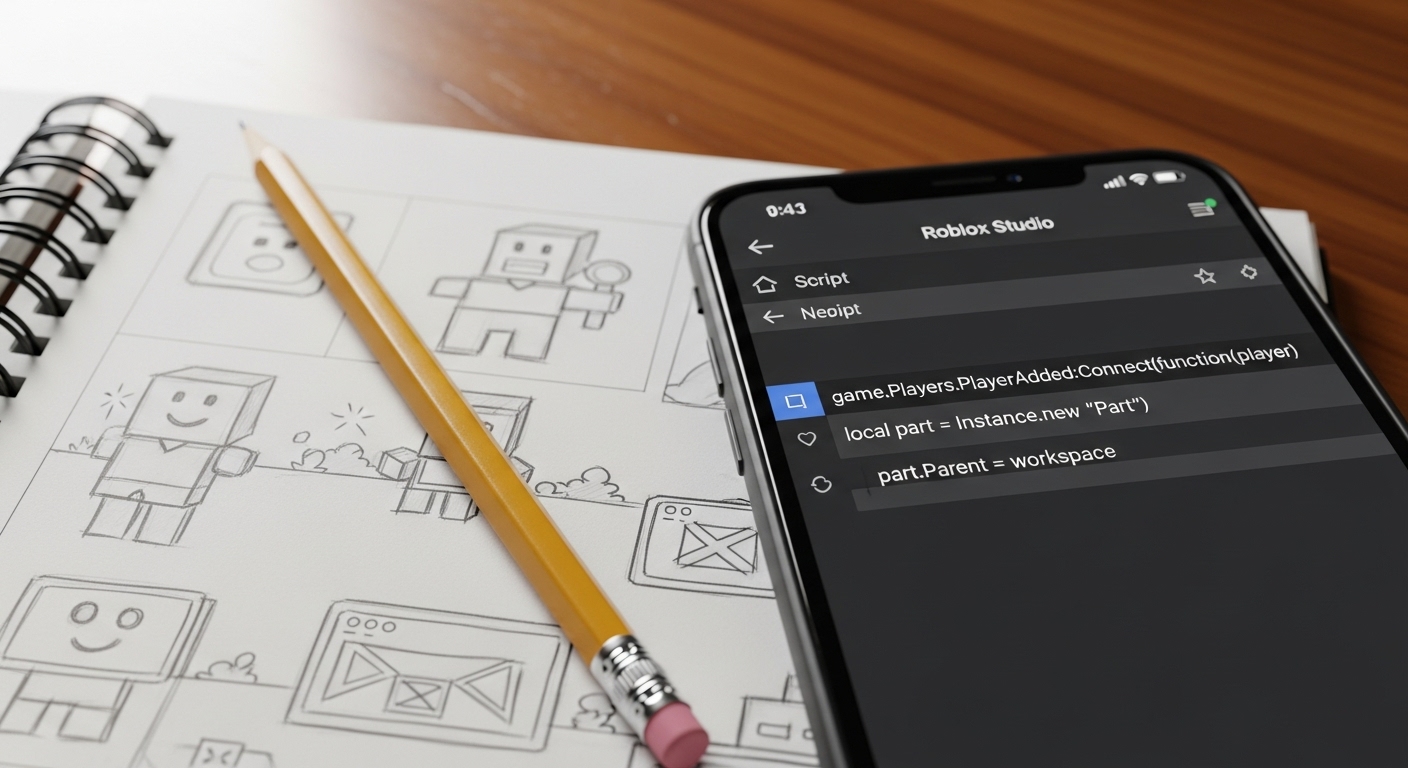 스마트폰 화면에 띄워진 로블록스 스튜디오 개발 화면과 그 옆에 놓인 연필, 노트
