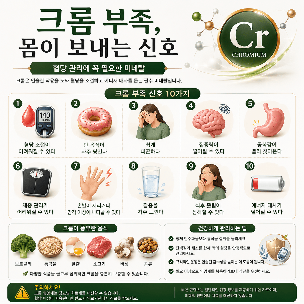 크롬 부족 증상과 크롬이 풍부한 음식, 관리 방법을 간결하게 정리한 인포그래픽