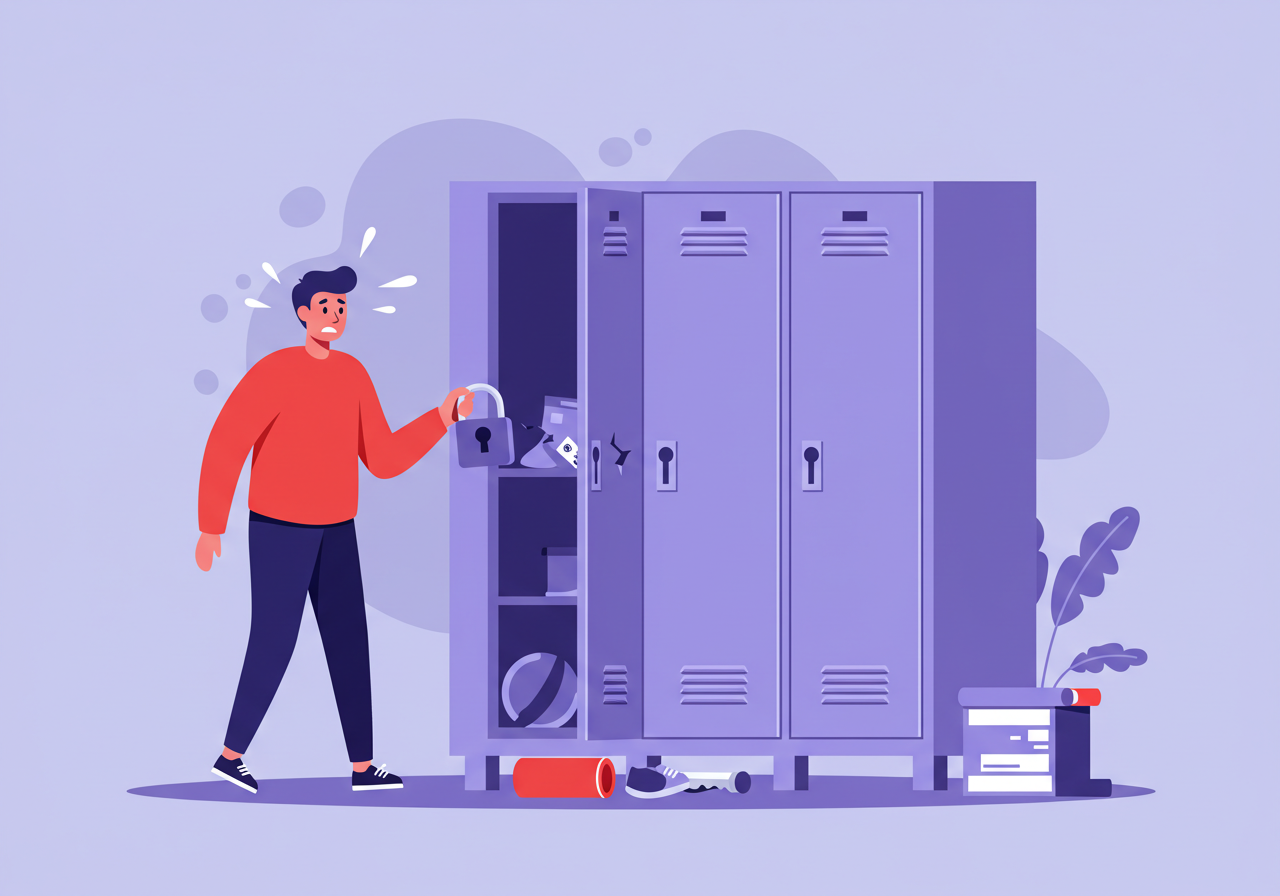 헬스장 락커에 보관한 물건이 분실되어 당황하는 헬스장 이용자를 표현한 일러스트