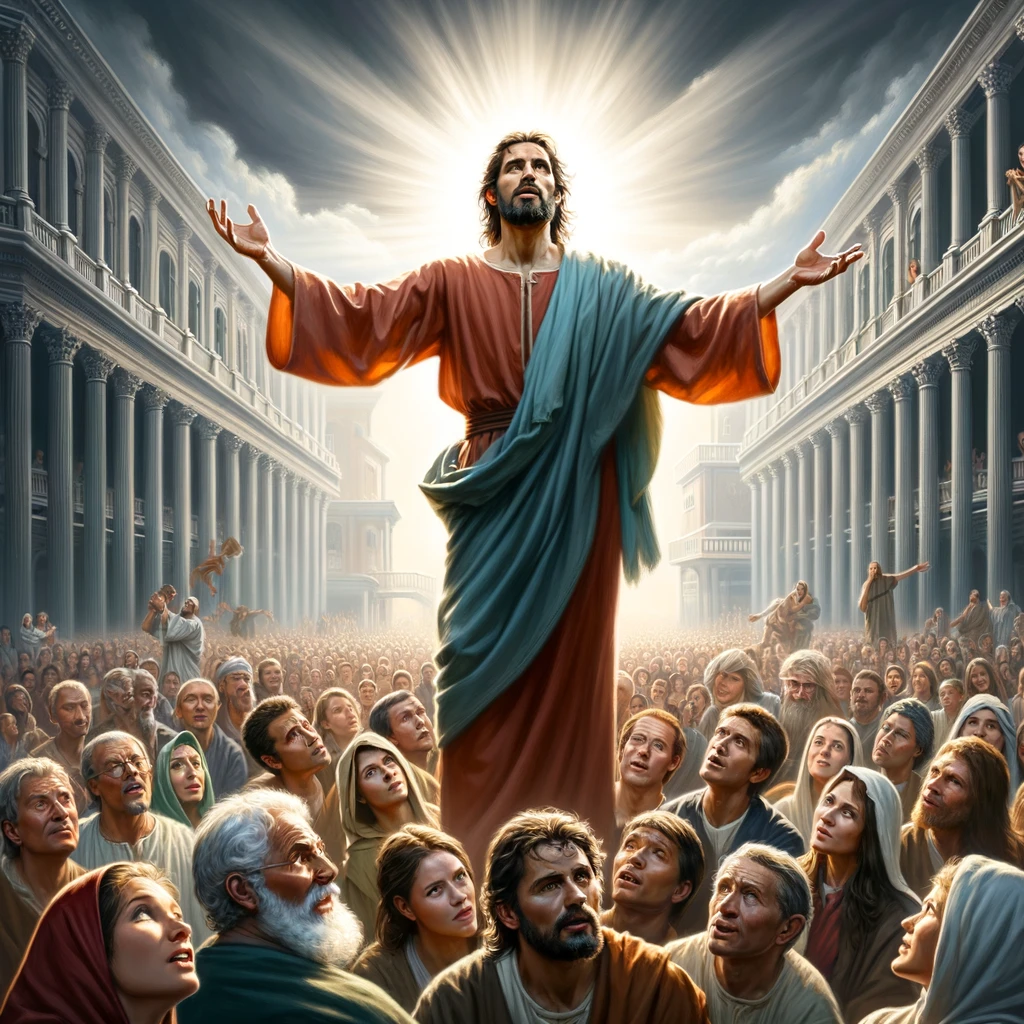 Here is the image depicting the Apostle Paul confidently testifying to the lordship and saviorhood of Jesus, embodying his dedication to spreading the Christian message.