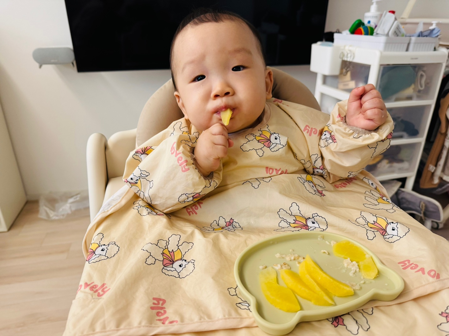 사과스틱을 손에 쥐고 입에 가져가는 찬솔이의 아침 식사 시간 