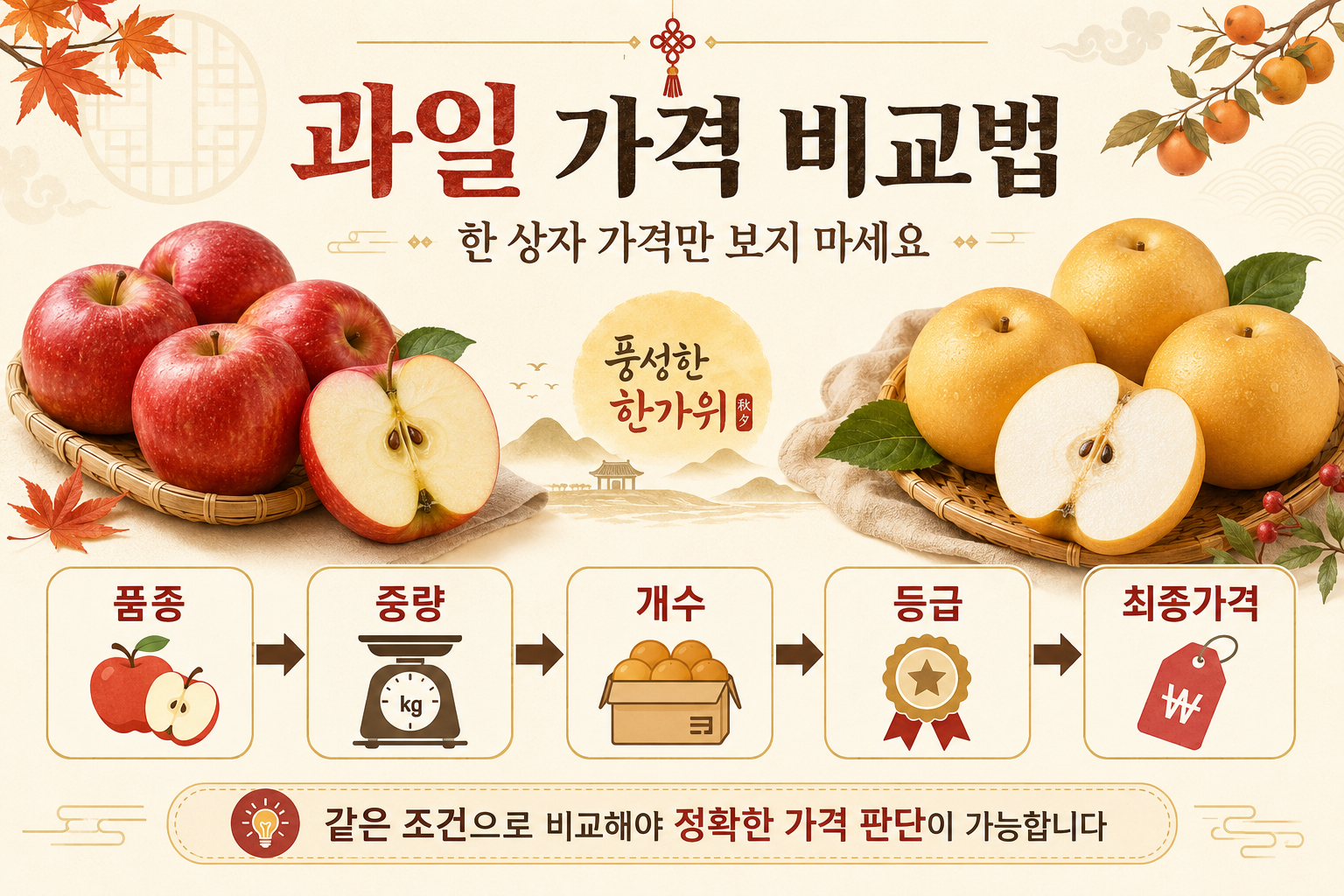 2026 추석 사과 배 가격을 품종 중량 개수 등급 기준으로 비교하는 이미지