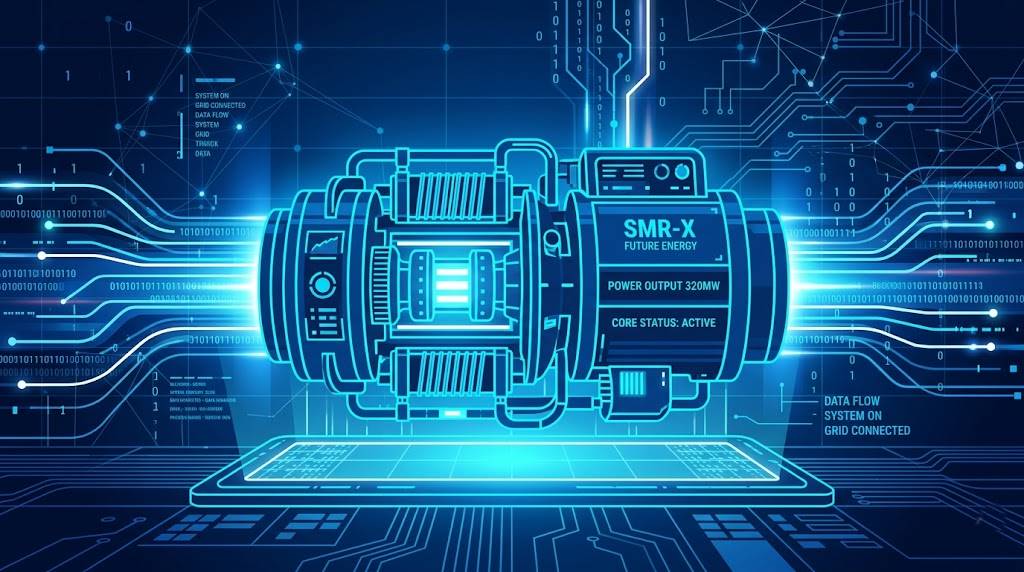 푸른 빛이 감도는 미래형 소형 모듈 원자로(SMR) 기계 장치와 디지털 데이터가 흐르는 사이버네틱한 배경