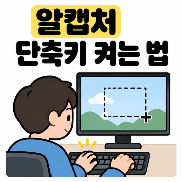 알캡처 단축키 켜는 법 제목 아래 사용자가 키보드로 모니터 화면의 일부를 캡처하는 모습