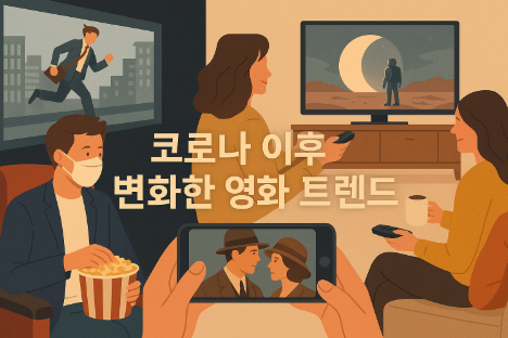 영화관, TV, 모바일 화면을 통해 다양한 방식으로 영화를 보는 사람들