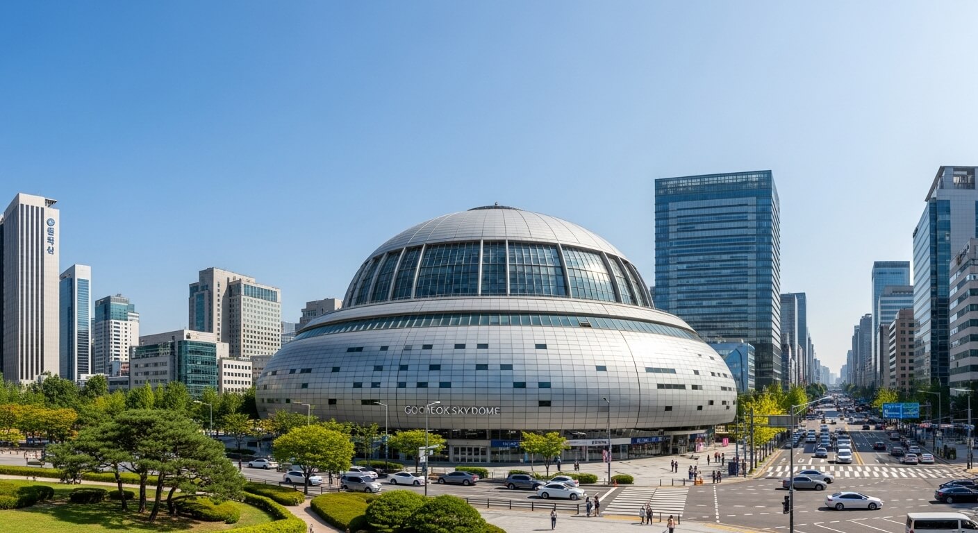 서울 고척스카이돔 외관 전경&amp;#44; 도심 건물들과 함께 보이는 풍경