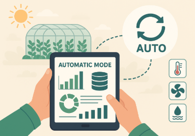자동 모드로 전환되는 스마트팜 시스템을 태블릿으로 제어하는 장면