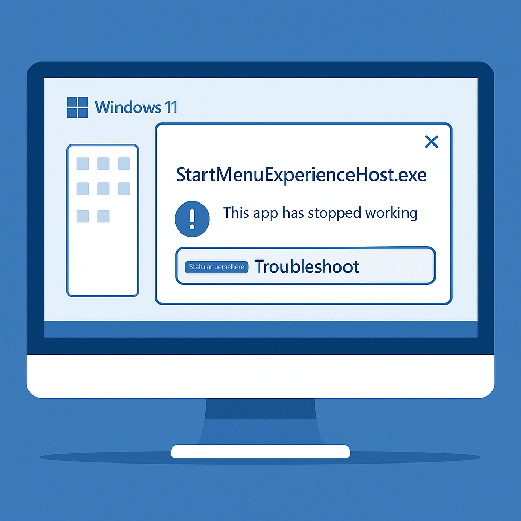 Windows 11 start menu troubleshooting guide showing StartMenuExperienceHost.exe error resolution process