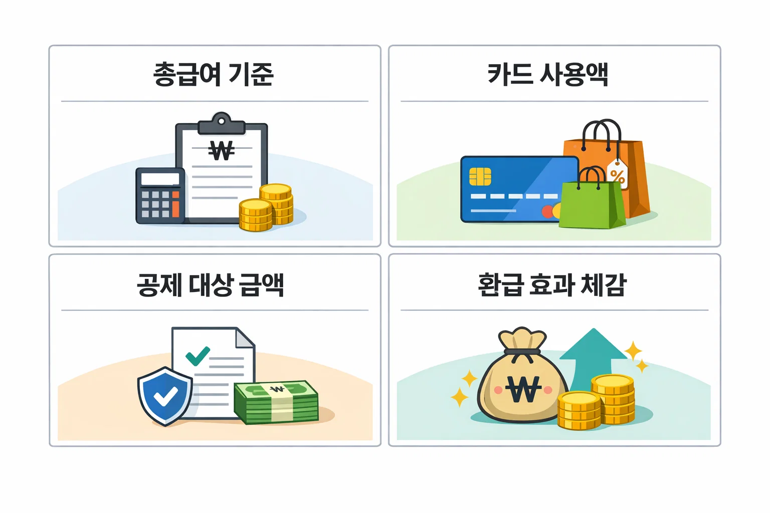 실제 사용 금액 기준으로 총급여 대비 공제 대상 금액과 환급 효과를 단계별로 정리한 연말정산 사례 이미지