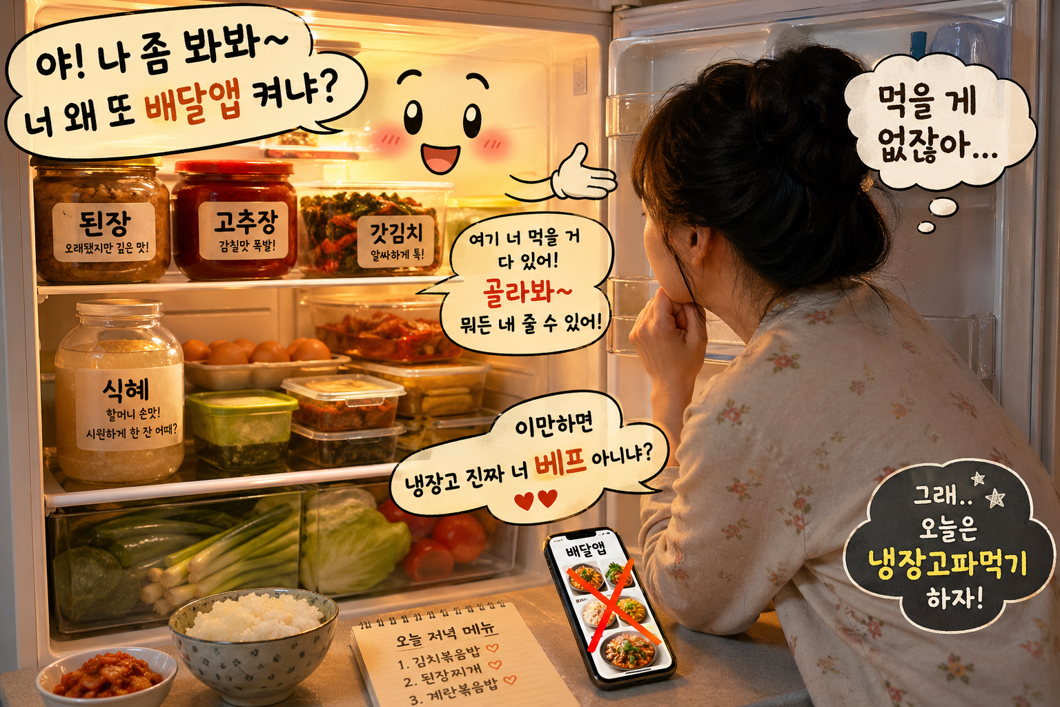 냉장고 앞에서 저녁 메뉴를 고민하는 사람과 집밥 재료