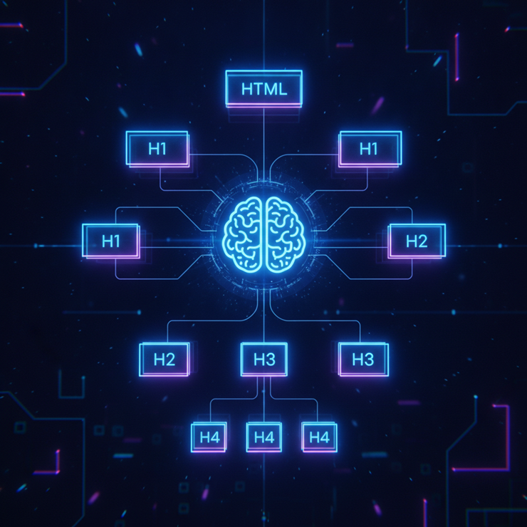 AI 콘텐츠의 상위 노출을 위한 H1-H4 HTML 태그 구조화와 SEO 최적화를 상징하는 현대적인 디지털 아트