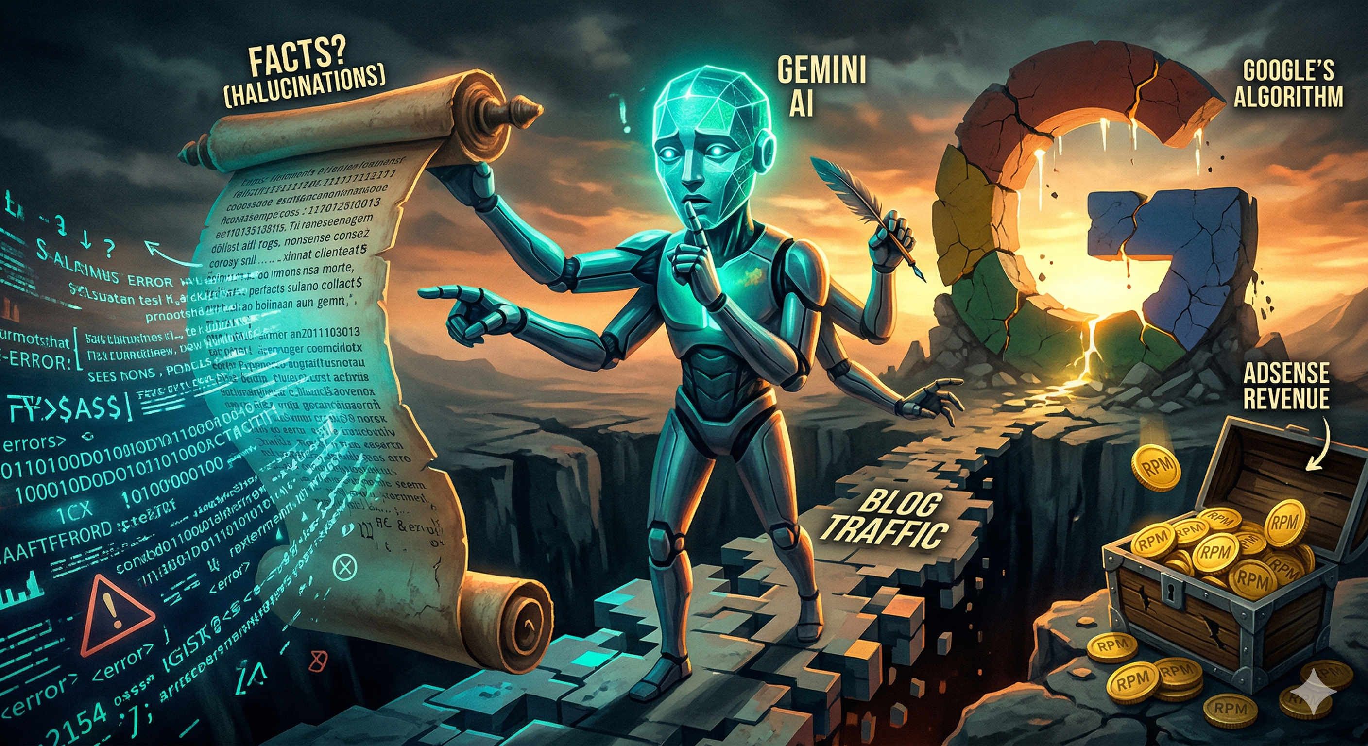 Gemini AI 블로그 자동화 위험성, 구글 애드센스 수익 하락, AI 환각 현상 및 구글 알고리즘 업데이트 경고 일러스트