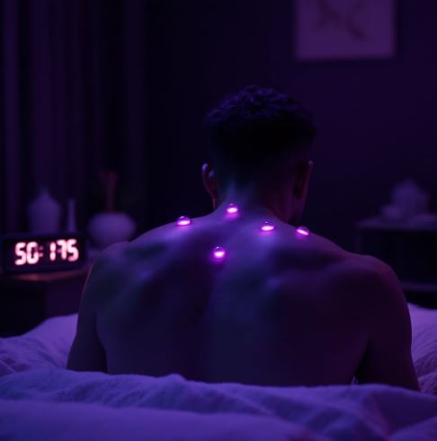 침실에서 남성이 자동 부항기를 어깨와 등에 부착한 채 앉아 있는 모습. 집에서 셀프 부항하는 장면.