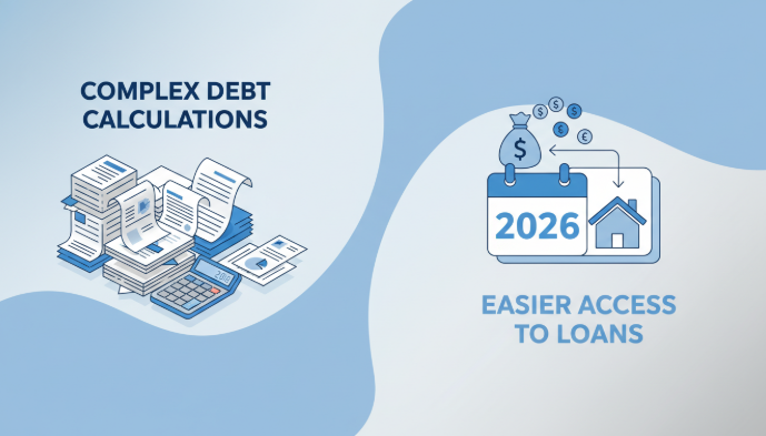 DSR 개념과 2026년 변화를 시각화한 그래픽. 복잡한 서류와 계산기는 현재의 DSR을, 2026년 달력과 간결한 돈 흐름은 미래의 간소화를 상징합니다.