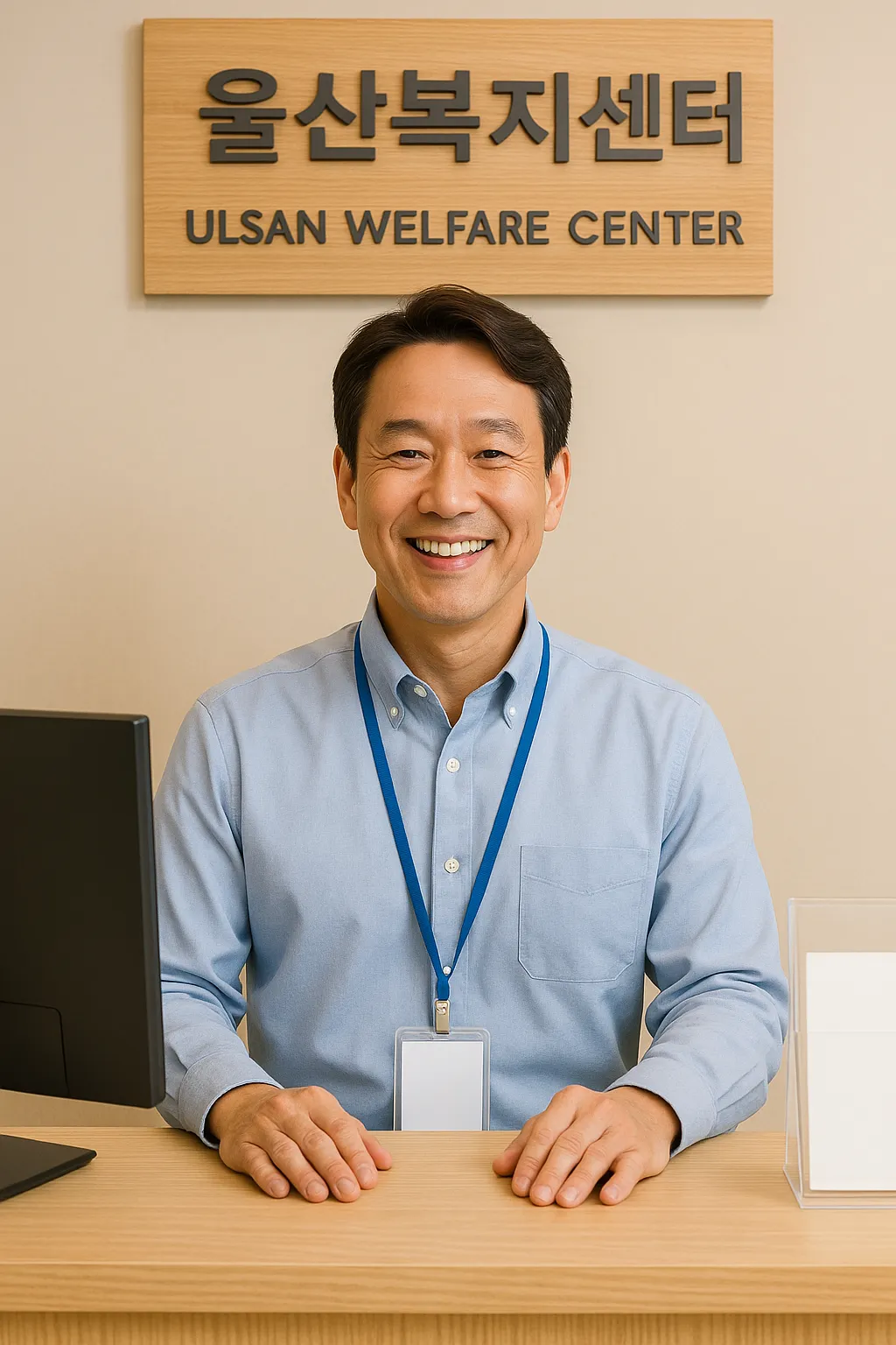 울산복지센터 안내 데스크에서 미소 짓는 40대 남성 직원