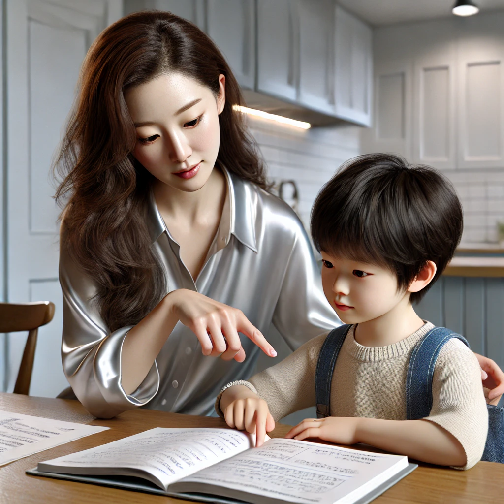 어머니가 식탁에서 아이의 숙제를 도와주는 모습. 어머니는 노트를 가리키며 아이에게 설명하고, 아이는 집중해서 듣고 있습니다. 배경에는 깔끔하고 미니멀한 주방이 보입니다