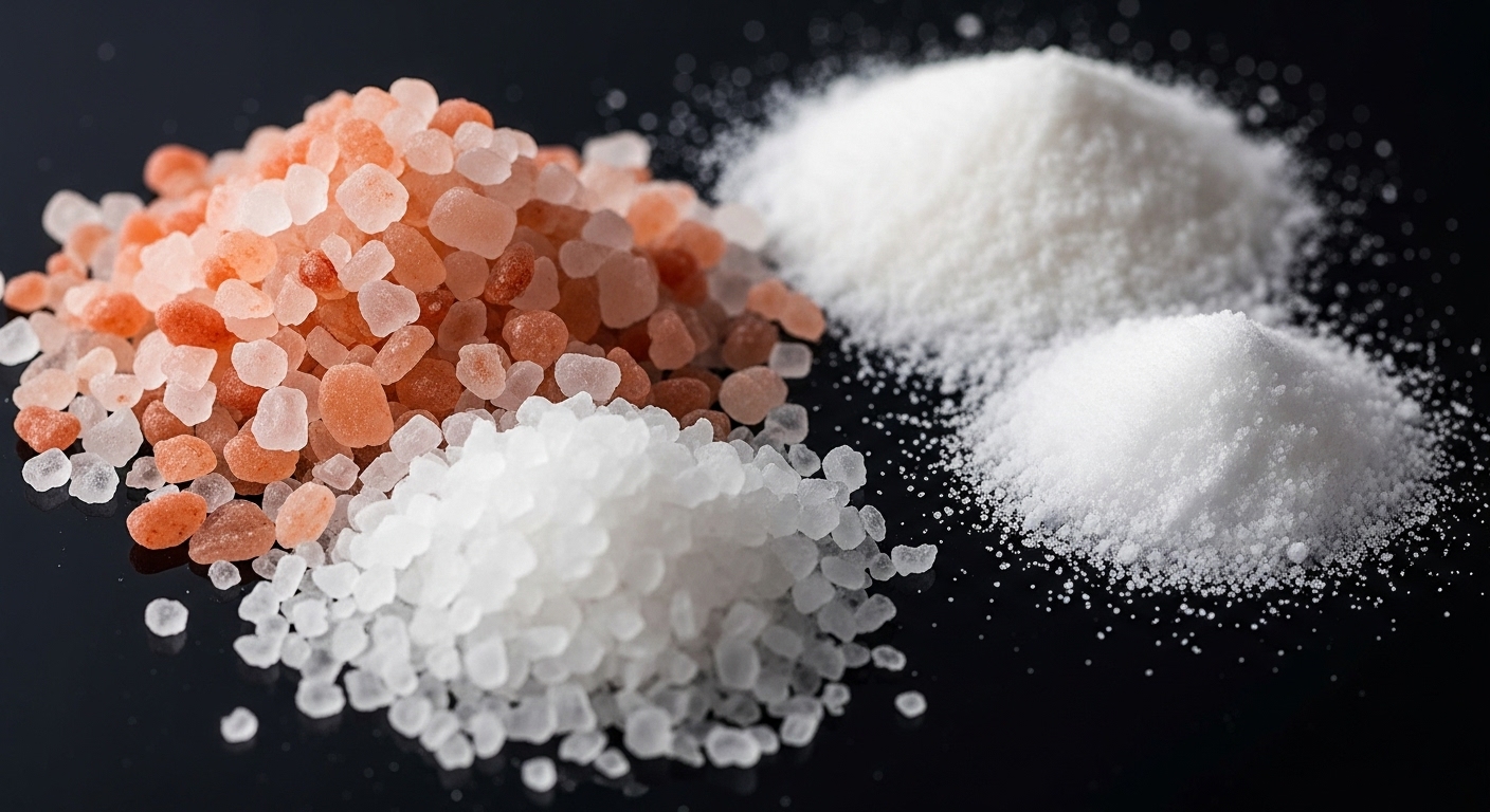 미네랄이 풍부한 히말라야 핑크 솔트와 천일염, 그리고 정제된 맛소금을 대비하여 보여주는 이미지. 좋은 소금 선택의 중요성을 시각적으로 강조합니다.