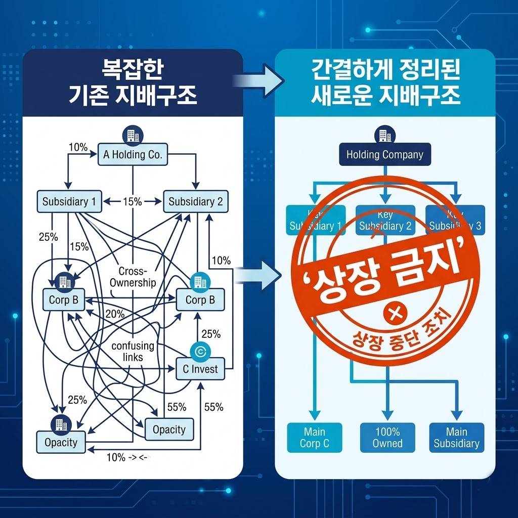 복잡하게 얽힌 기업 지배구조 차트가 간결하게 정리되며 '상장 금지' 도장이 찍히는 모습을 묘사한 깔끔한 인포그래픽 스타일의 이미지