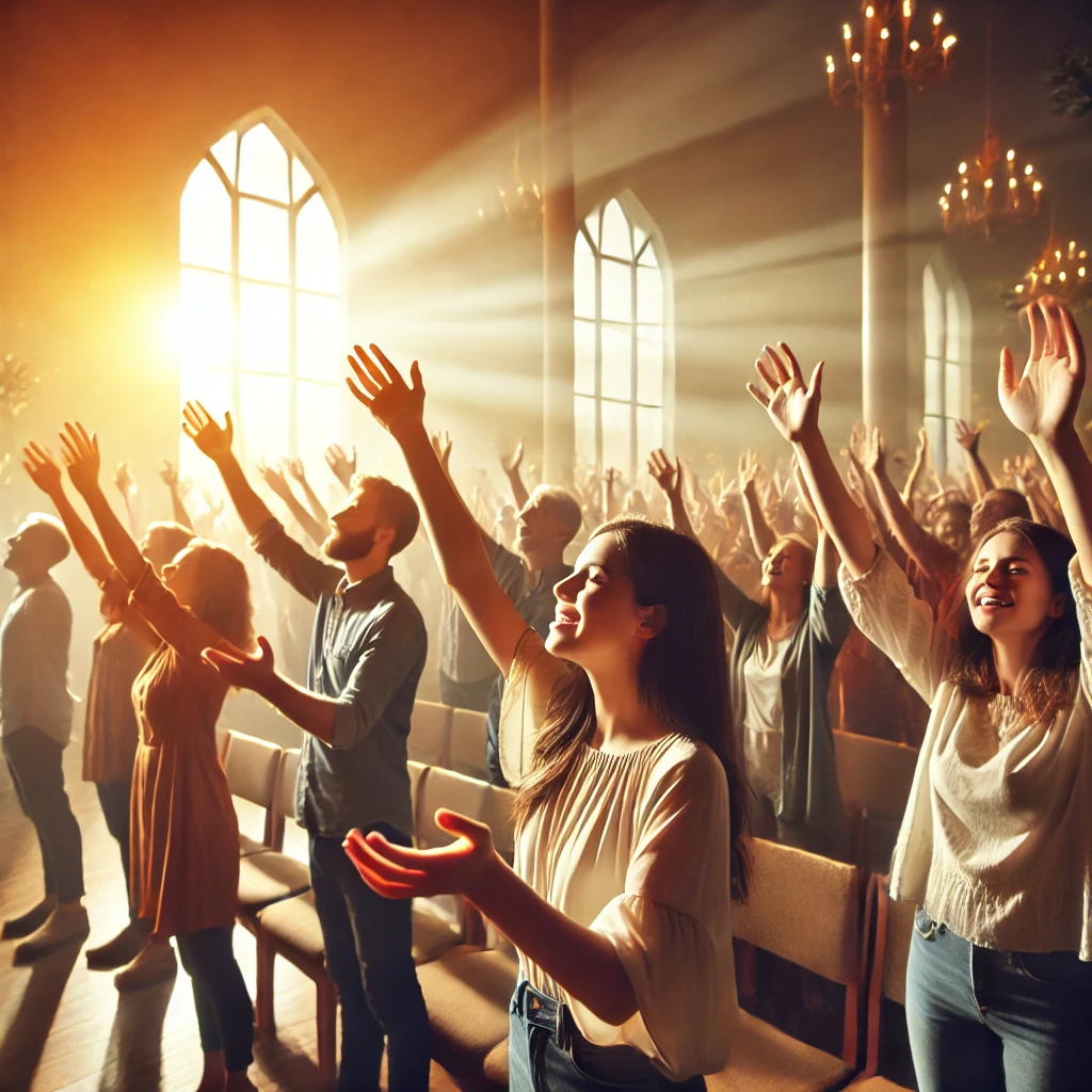  주님을 찬양하며 감사하는 주일 모임의 모습을 그린 장면입니다. 모두가 함께 하나님께서 주신 길과 축복에 대해 감사하며 찬양하는 순간이 담겨 있습니다. 오늘도 주님께서 인도하시는 길을 따라 큰 기쁨과 감사가 가득한 시간이 되시길 바랍니다!