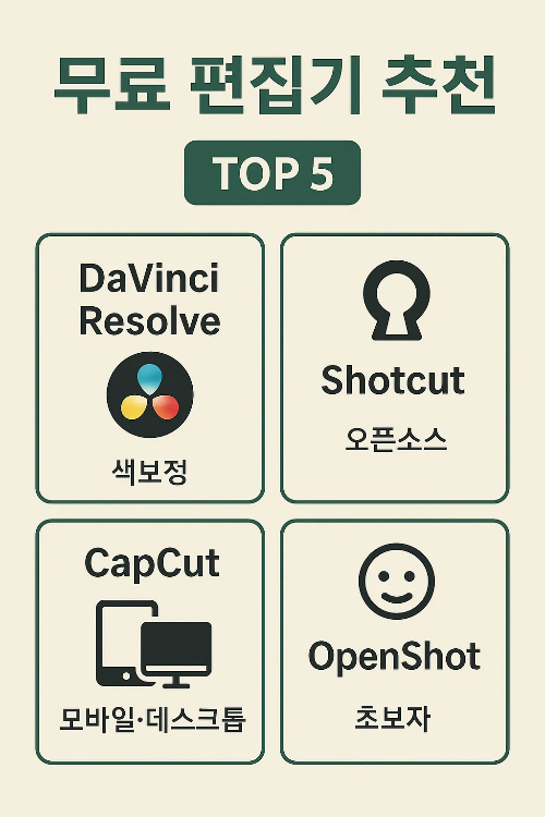 유튜브 동영상 편집프로그램 무료 버전 추천 5가지를 담은 인포그래픽으로, DaVinci Resolve, Shotcut, CapCut, OpenShot 등 다양한 무료 편집기의 장점을 설명합니다.