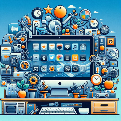 컴퓨터 화면 주위에 다양한 아이콘과 물체가 배치된 화려한 일러스트입니다.
