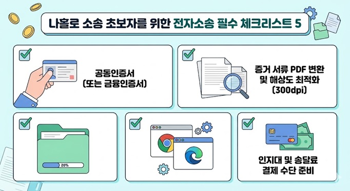 전자소송 시작 전 나홀로 소송 초보자가 반드시 체크해야 할 필수 준비물 5가지 요약 표 (인증서, PDF 스캔, 용량 제한, 팝업 설정, 결제)