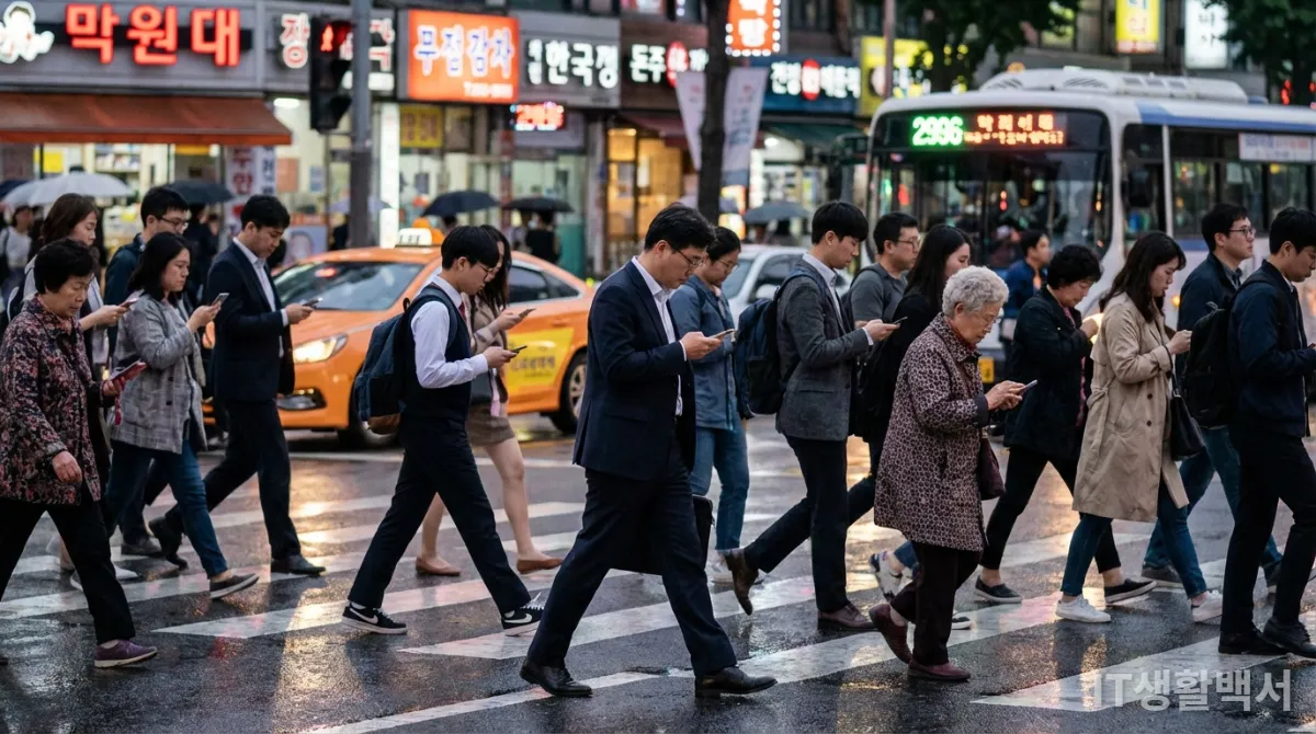 스마트폰에 몰두하여 걷고 있는 다양한 연령대의 한국 사람들