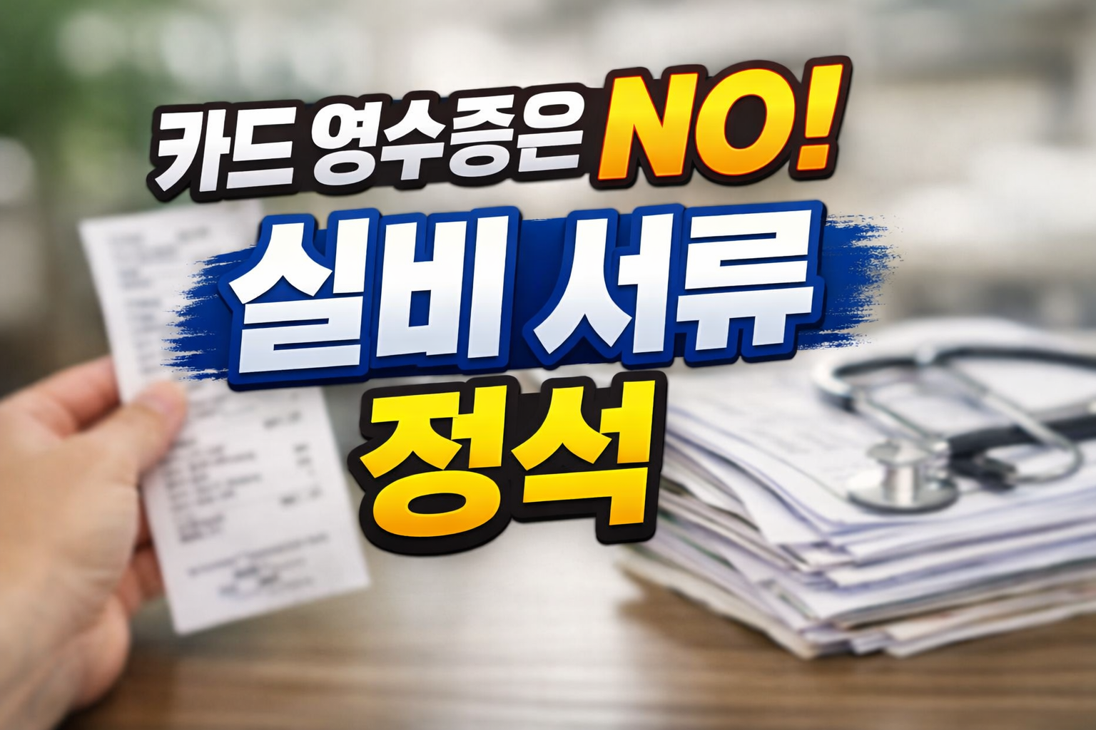 카드 영수증은 NO! 실비 서류 정석 문구가 크게 들어간 썸네일, 흐린 병원 서류와 영수증&middot;서류 더미&middot;청진기 배경