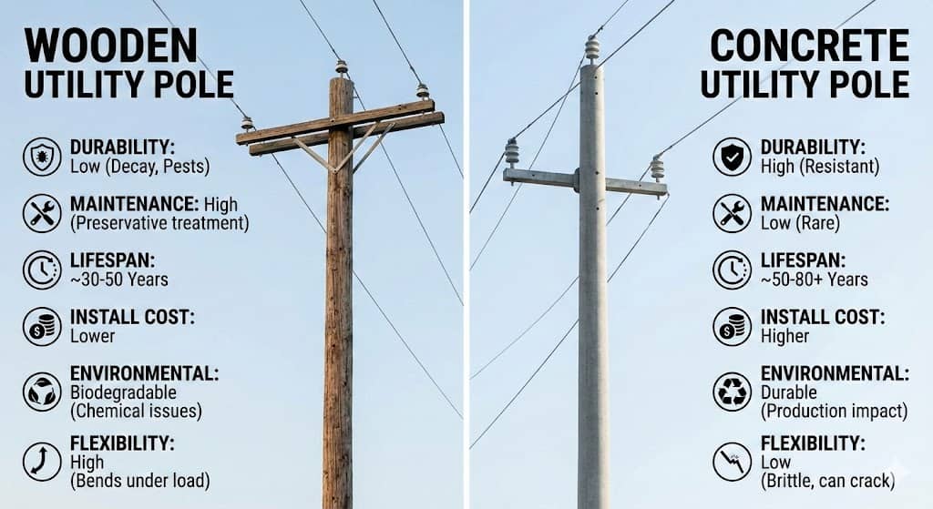 목재와 콘크리트 전봇대 기술 사양 비교