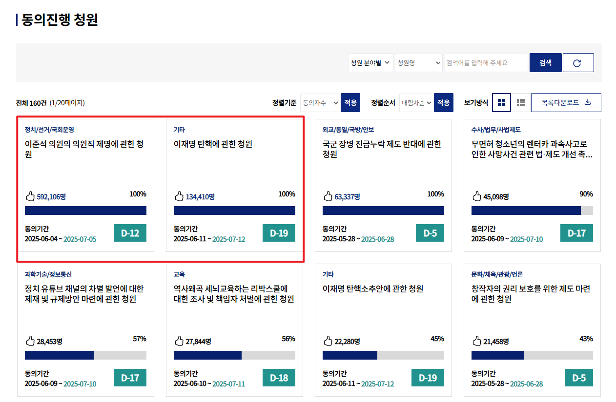 국민동의청원 홈페이지 동의진행 청원목록