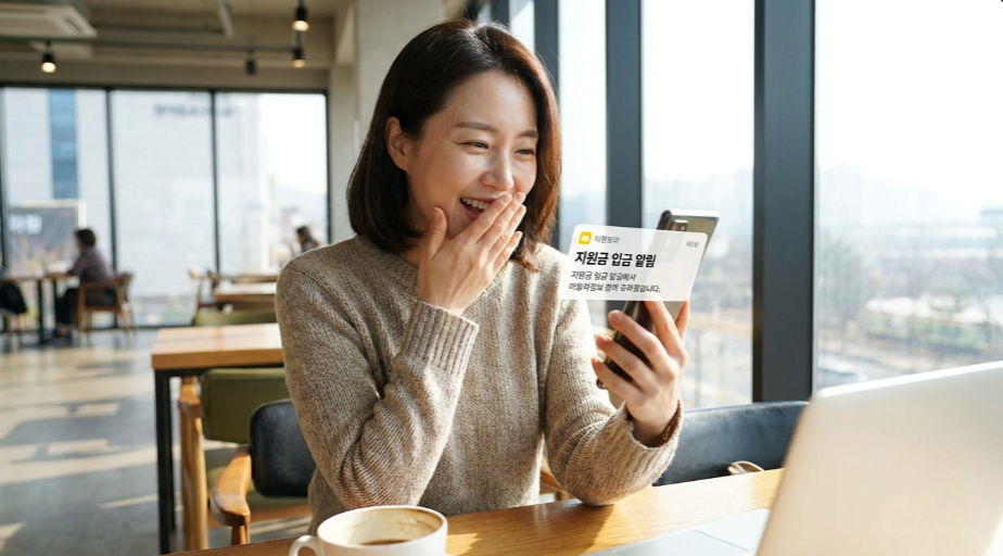 스마트폰으로 보조금24 화면을 확인하며 기뻐하는 여성